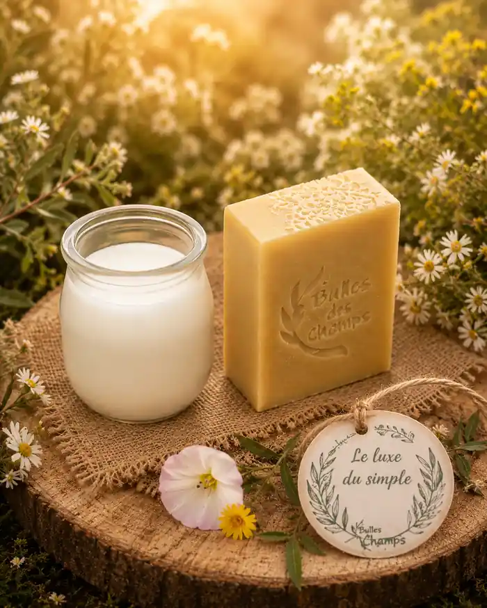 Savon au lait de chèvre La Biquette de Bulles des Champs accompagné d'un pot de yaourt, présenté sur un rondin de bois avec des fleurs sauvages dans une ambiance naturelle et artisanale.
